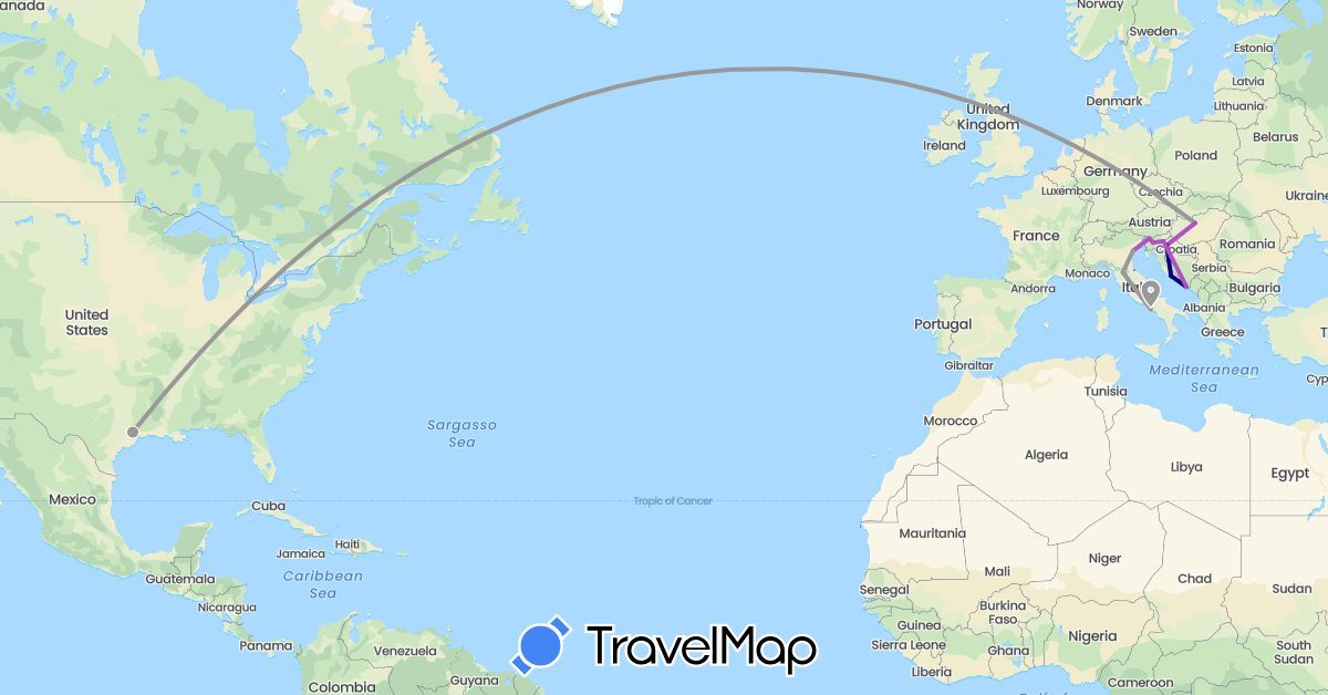 TravelMap itinerary: driving, plane, train in Croatia, Hungary, Italy, Slovenia, United States (Europe, North America)